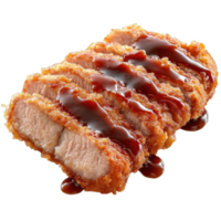 Crispy breaded pork cutlet with rich sauce over top isolated on transparent background cutout png
