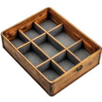 Wooden drawer organizer with multiple compartments on isolated transparent background cutout png