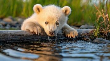 Adorable Polar Bear Cub Drinks Water From Log in Sunlight photo
