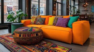 Bright Orange Modular Sofa with Colorful Pillows and Rug in Modern Interior photo