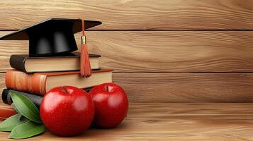 Graduation Cap on Antique Books with Apples on Wooden Background photo
