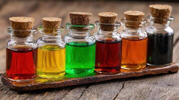 Colorful Liquids in Small Glass Bottles on Wooden Surface photo