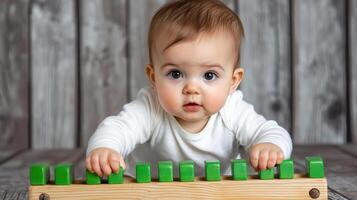 Adorable Baby Playing with Green Wooden Blocks on Rustic Gray Wood Background photo