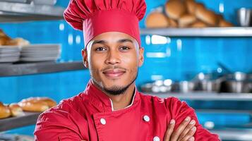 Confident Male Chef in Red Uniform in Commercial Kitchen photo