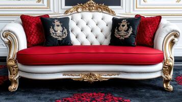 Elegant White and Gold Ornate Sofa with Red Cushions and Anchor Pillows photo