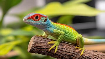 Close up of a Vibrant Multicolored Lizard on a Branch photo