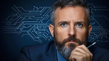 Contemplative Man with Beard Against Circuit Board Background photo