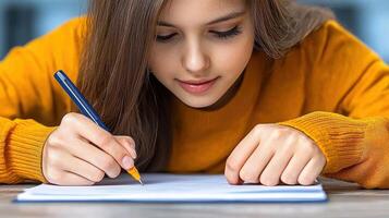 Focused Young Woman with Freckles Sketches on White Pad Using Pencil in Soft Light photo