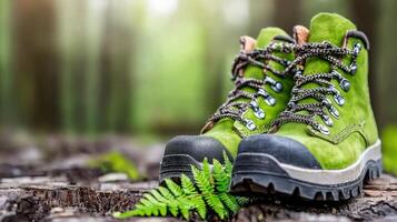 Green Hiking Boots on Forest Trail photo