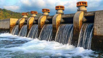 Water cascading over concrete spillway gates, foaming water rushes into river below, cloudy sky photo