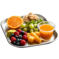 Fresh fruit platter with orange slices, mixed berries, and juice in transparent cup isolated on transparent background png