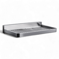 Stainless steel dish drying rack with a sleek design and drainage functionality isolated on transparent background png
