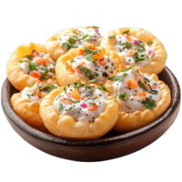 Delicious crispy puris filled with yogurt and cilantro garnished with diced vegetables isolated on transparent background cutout png