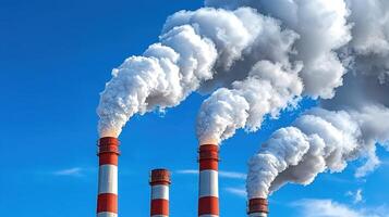 Three smoke stacks with white and red smoke photo