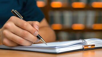 Close up of a Hand Writing in a Notebook with a Black Pen photo