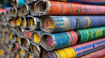 Colorful Rolled Books Stack Close Up View photo