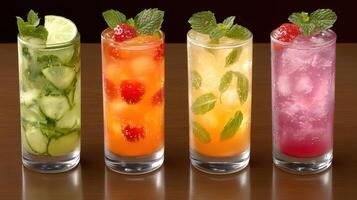 Four different colored drinks in glasses with mint leaves photo