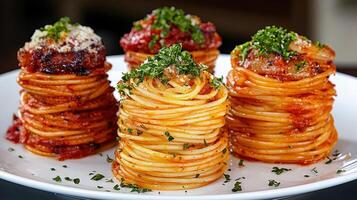 Elegant Spaghetti Stacks with Meat Sauce and Parmesan photo
