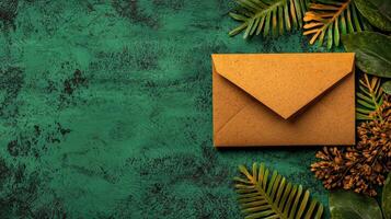 Brown Envelope with Green Foliage on Teal Textured Background photo