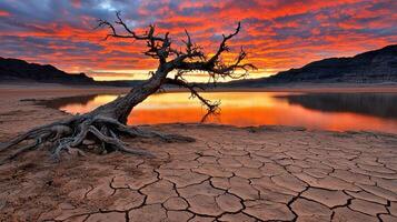 Dead Tree in Dried Lakebed at Sunset, Vivid Orange and Red Hues photo