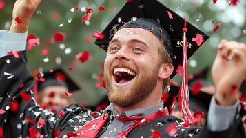 Joyful Graduate Celebrates with Red and Silver Confetti photo