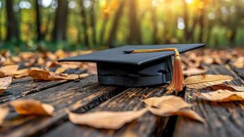 Black Graduation Cap on Autumn Leaves in a Sunlit Forest photo