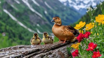 Brown Duck and Ducklings on Log with Vibrant Flowers and Mountain Background photo