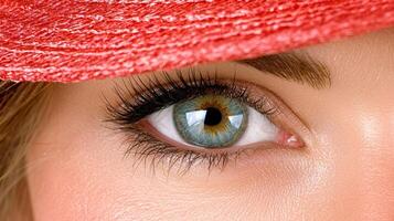 Close Up of Woman's Eye Under Red Hat Brim photo