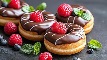 Chocolate Glazed Donuts with Raspberries and Mint on Dark Background photo