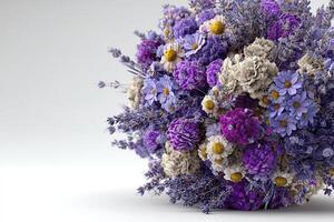 Bouquet of purple and white flowers on white background close-up view. photo