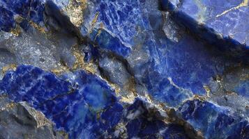 Lapis lazuli texture, deep blue mineral stone with golden veins, natural crystal background. photo