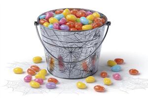 Halloween candy bucket filled with colorful jelly beans on white background. photo