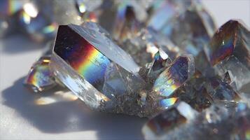 Rainbow light on quartz crystal cluster, iridescent crystals with prism reflection. photo