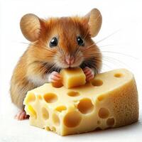 Adorable Brown Mouse Enjoying a Piece of Yellow Cheese on White Background photo