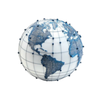 Globe illustration with blue grid and network nodes on transparent background png