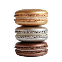 Gourmet macarons in gold, silver, and bronze colors stacked on top of each other, isolated on transparent background png
