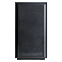 Modern black computer case with mesh front panel for optimal airflow isolated on transparent background cutout png
