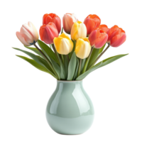 Vibrant bouquet of multicolored tulips in a simple green vase isolated on transparent background png