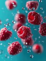 Fresh Raspberries Surrounded by Water Droplets Floating in Turquoise Background, Vibrant and Refreshing Composition for Culinary and Healthy Lifestyle Themes photo
