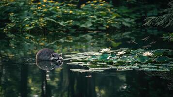 A raccoon exploring a serene pond surrounded by vibrant lily pads and delicate flowers, reflecting nature's beauty in a tranquil woodland setting photo