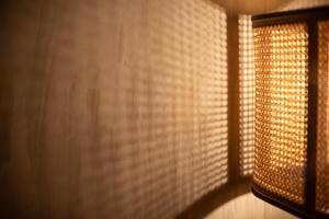 Reflections from the lamp in the bedroom, creating light with an artistic quality. photo