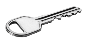 Silver metal key with smooth surface and intricate cuts isolated on transparent background cutout png
