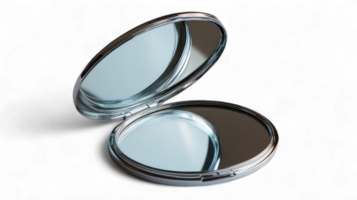 Round compact mirror with open lid reflecting light isolated on transparent background cutout png