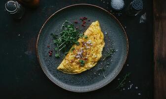 A plate of food with a yellow omelet and some herbs on top photo