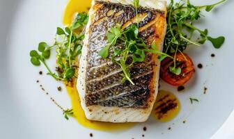 A fish fillet is served on a plate with a garnish of parsley photo