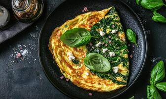 A plate of spinach and cheese omelet with a sprinkle of salt and pepper photo