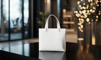 A white purse is sitting on a table in a room with a window photo
