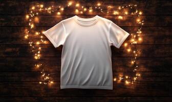 A white shirt is displayed on a wooden surface with lights surrounding it photo