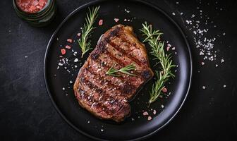 A steak is on a black plate with some herbs and salt photo