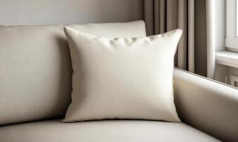a white pillow mockup on a couch in front of a window photo
